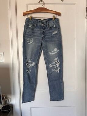 American Eagle Outfitters Blue Distressed Mid Rise Jeans with Patches